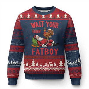 Funny Thanksgiving Xmas Ugly Christmas Sweater Wait Your Turn Fat Boy Turkey Santa TS11 Navy Red Print Your Wear