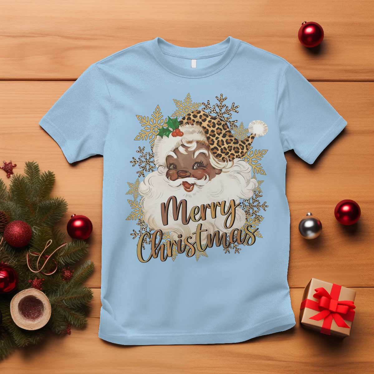 Funny Retro Black Santa Merry Christmas Leopard T Shirt TS11 Light Blue Print Your Wear