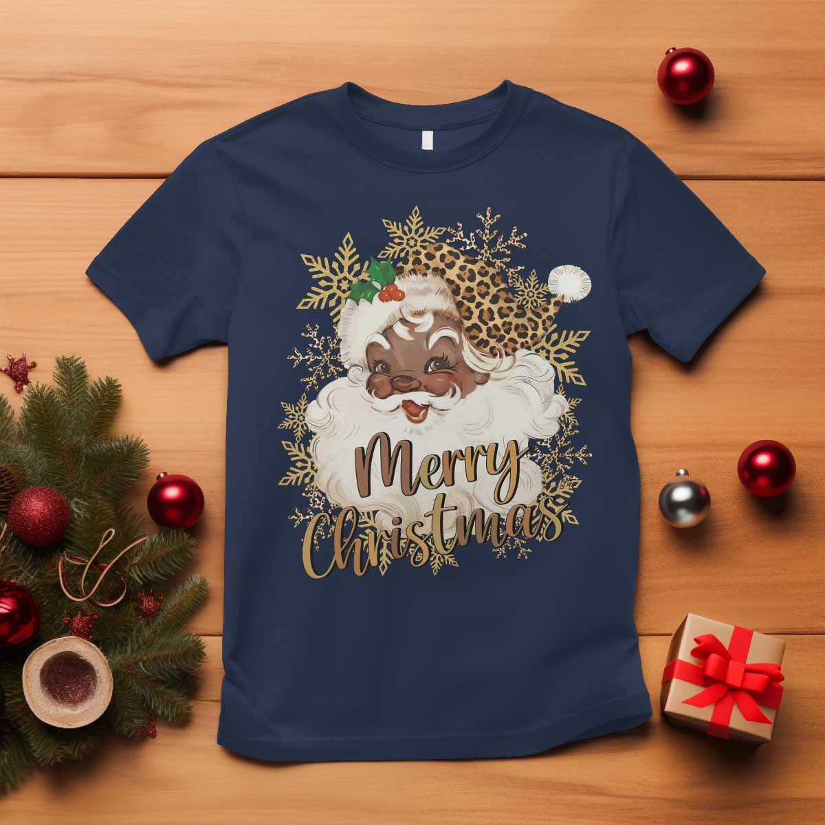Funny Retro Black Santa Merry Christmas Leopard T Shirt TS11 Navy Print Your Wear