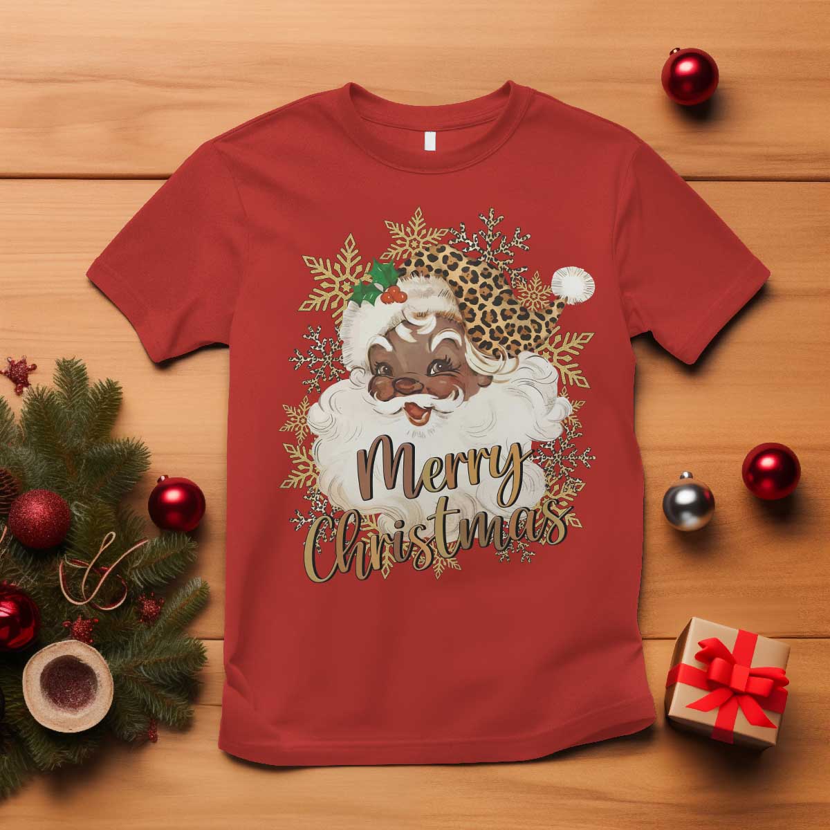 Funny Retro Black Santa Merry Christmas Leopard T Shirt TS11 Red Print Your Wear