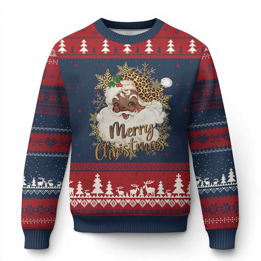 Funny Retro Black Santa Merry Xmas Leopard Ugly Christmas Sweater TS11 Navy Red Print Your Wear