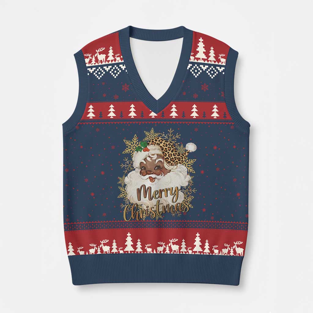 Funny Retro Black Santa Merry Xmas Leopard V-Neck Knit Sweater Vest TS11 Navy Red Print Your Wear