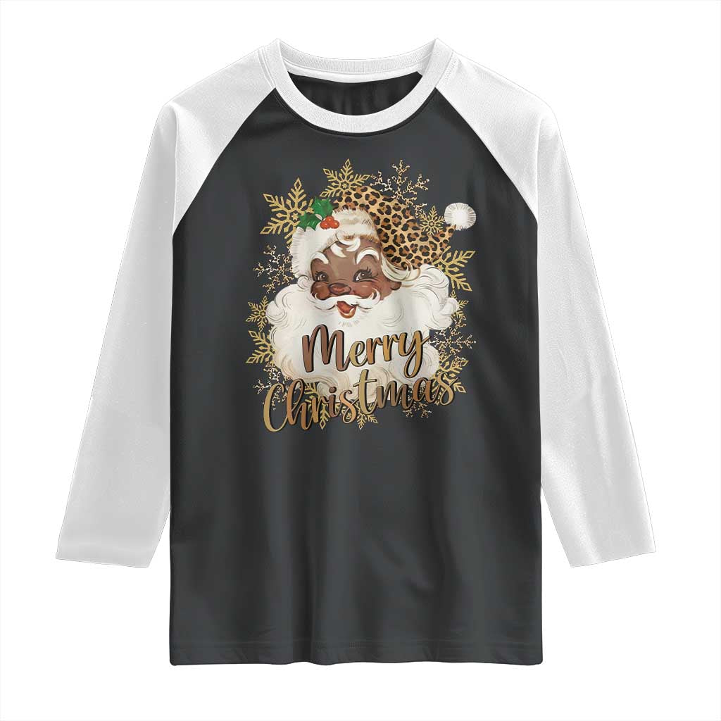 Funny Retro Black Santa Merry Christmas Leopard Raglan Shirt TS11 Black White Print Your Wear