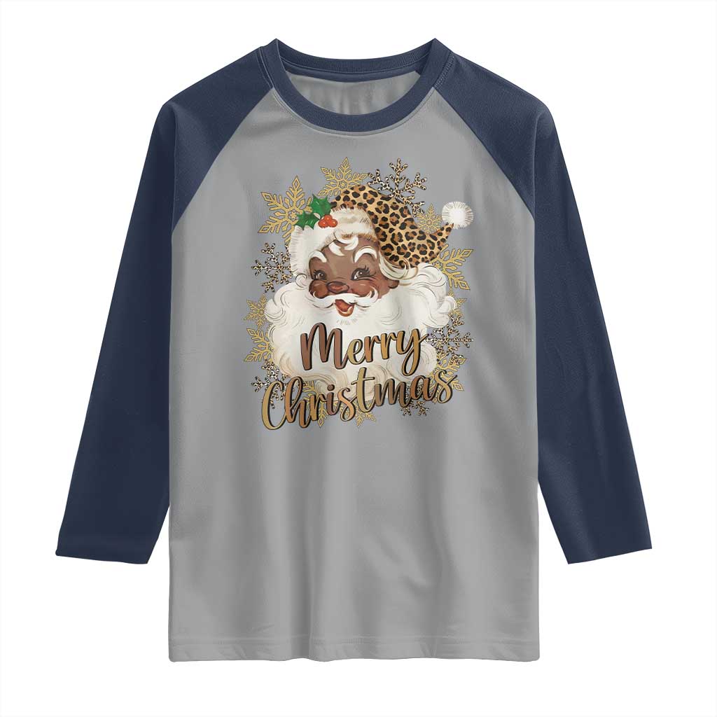 Funny Retro Black Santa Merry Christmas Leopard Raglan Shirt TS11 Sport Gray Navy Print Your Wear