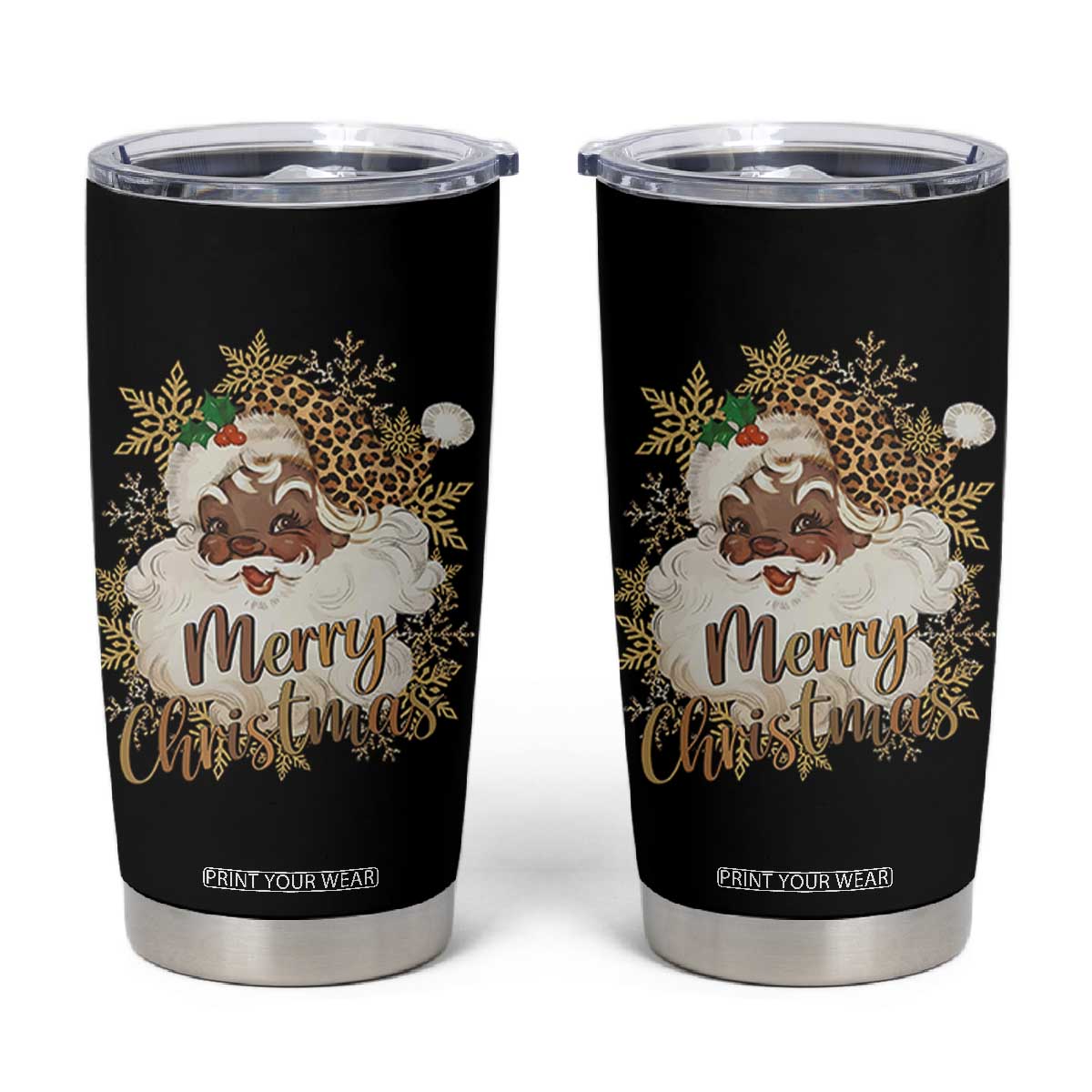 Funny Retro Black Santa Merry Christmas Leopard Tumbler Cup TS11 Black Print Your Wear
