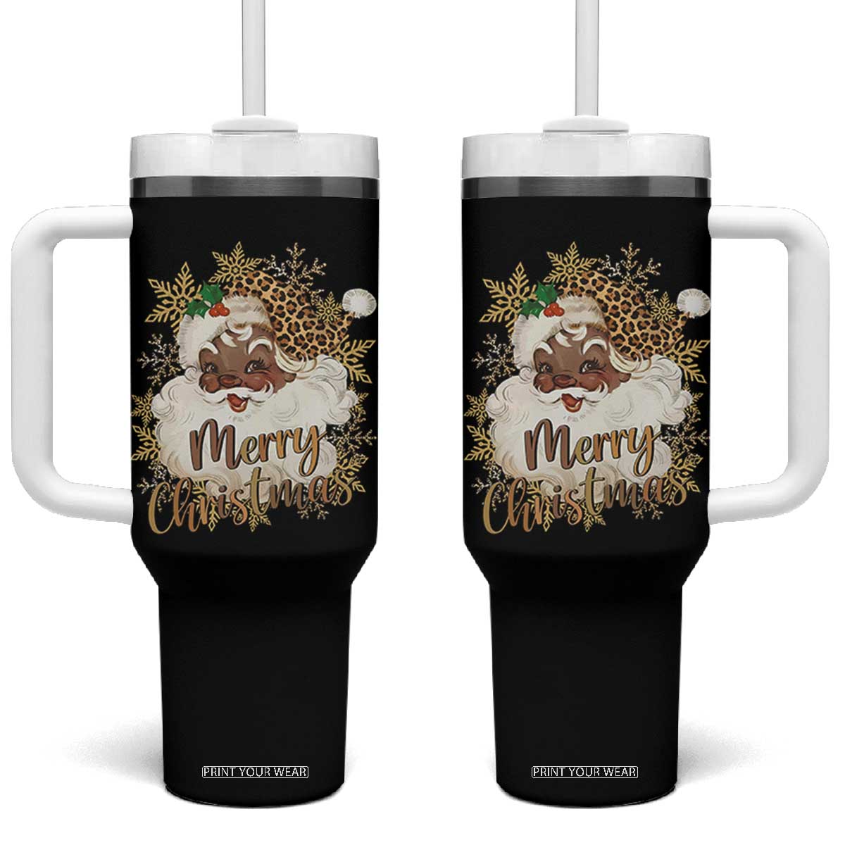 Funny Retro Black Santa Merry Christmas Leopard Tumbler With Handle TS11 One Size: 40 oz Black Print Your Wear