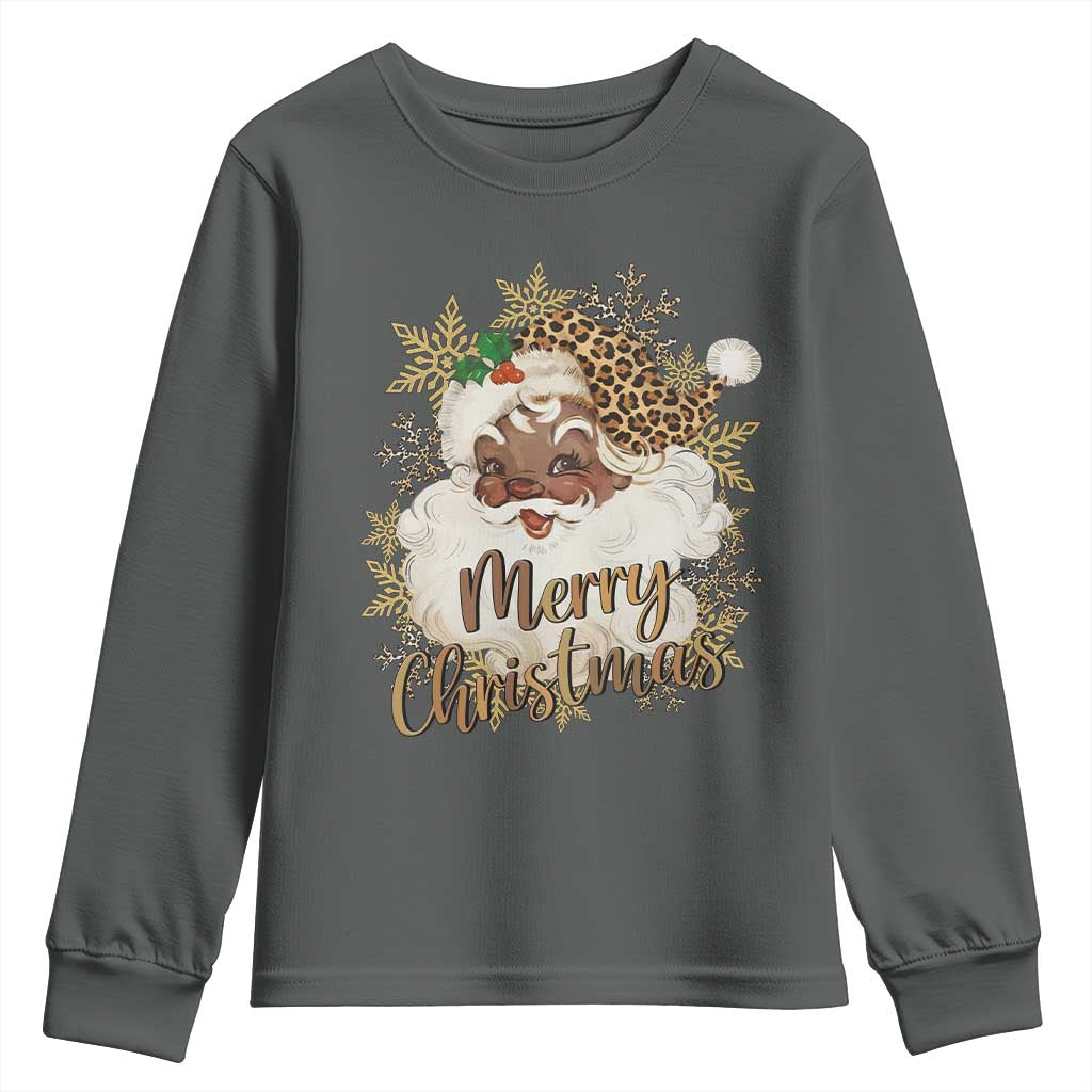 Funny Retro Black Santa Merry Christmas Leopard Youth Sweatshirt TS11 Dark Heather Print Your Wear