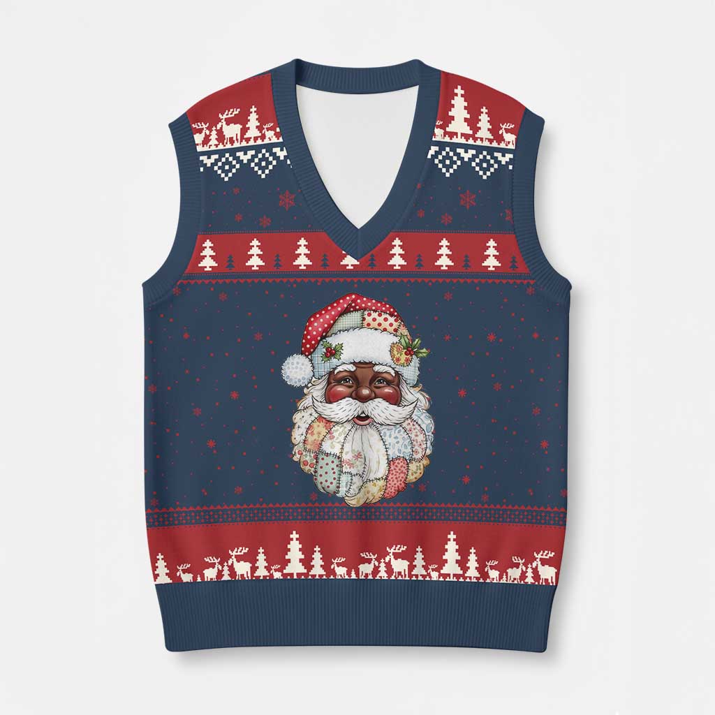 African American Xmas Retro Patchwork Black Santa V-Neck Knit Sweater Vest TS11 Navy Red Print Your Wear