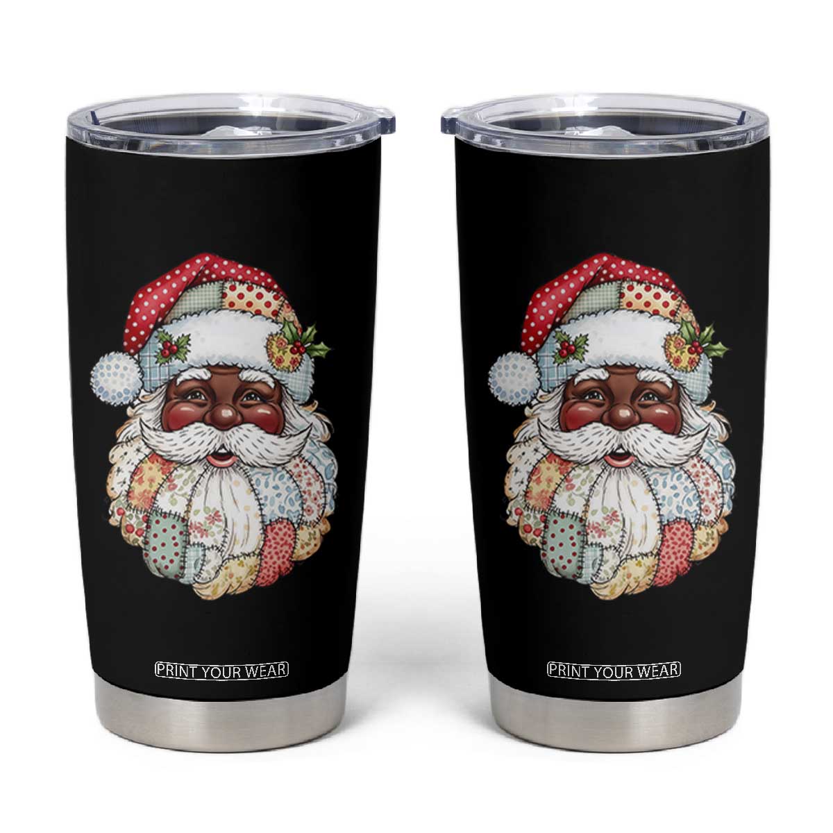 African American Christmas Retro Patchwork Black Santa Tumbler Cup TS11 Black Print Your Wear