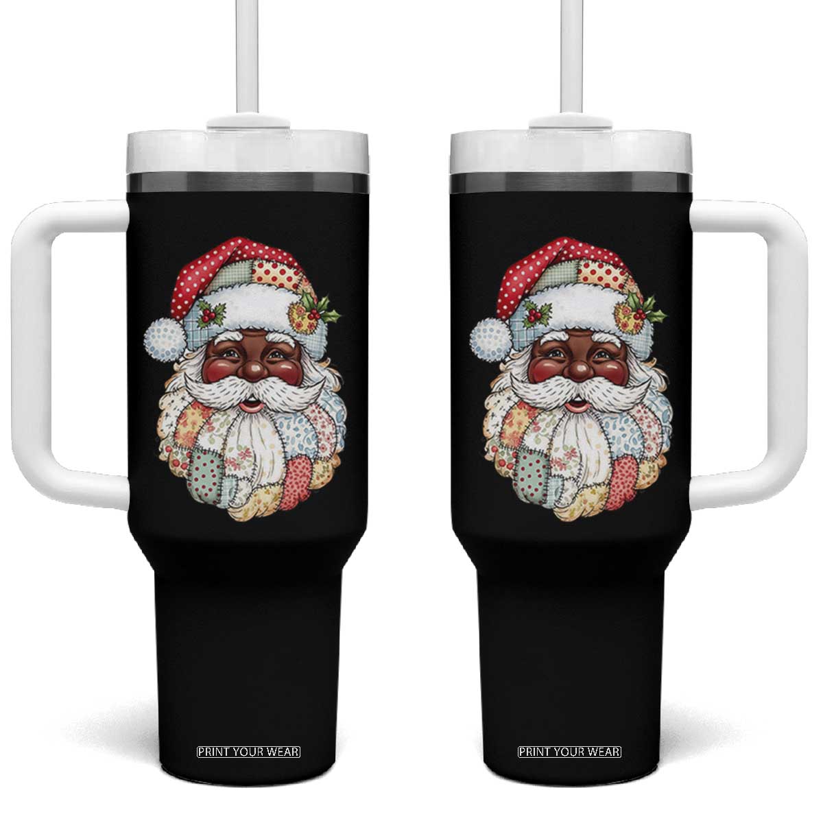 African American Christmas Retro Patchwork Black Santa Tumbler With Handle TS11 One Size: 40 oz Black Print Your Wear