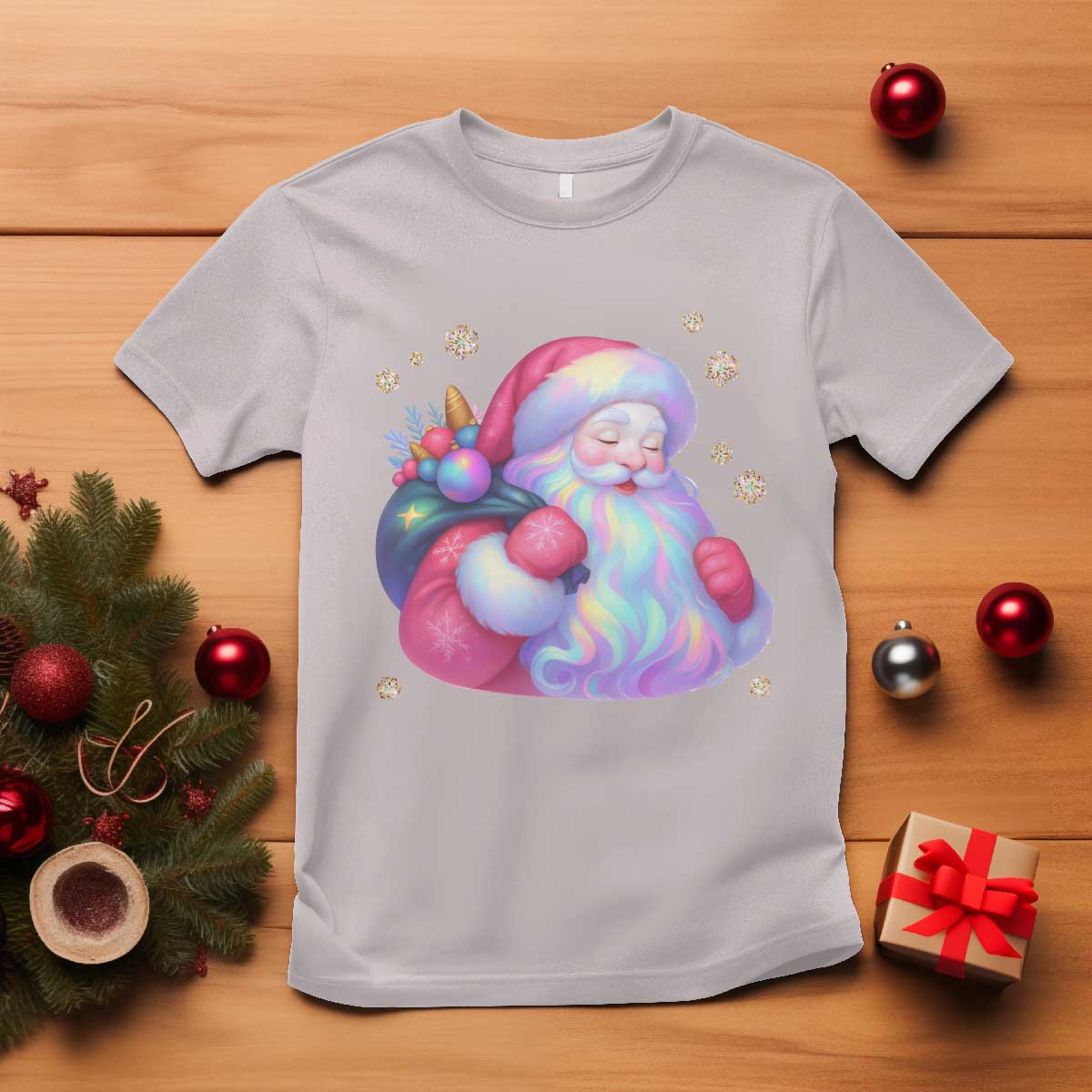 Iridescent Christmas Santa Printed Coquette Xmas T Shirt TS11 Ice Gray Print Your Wear