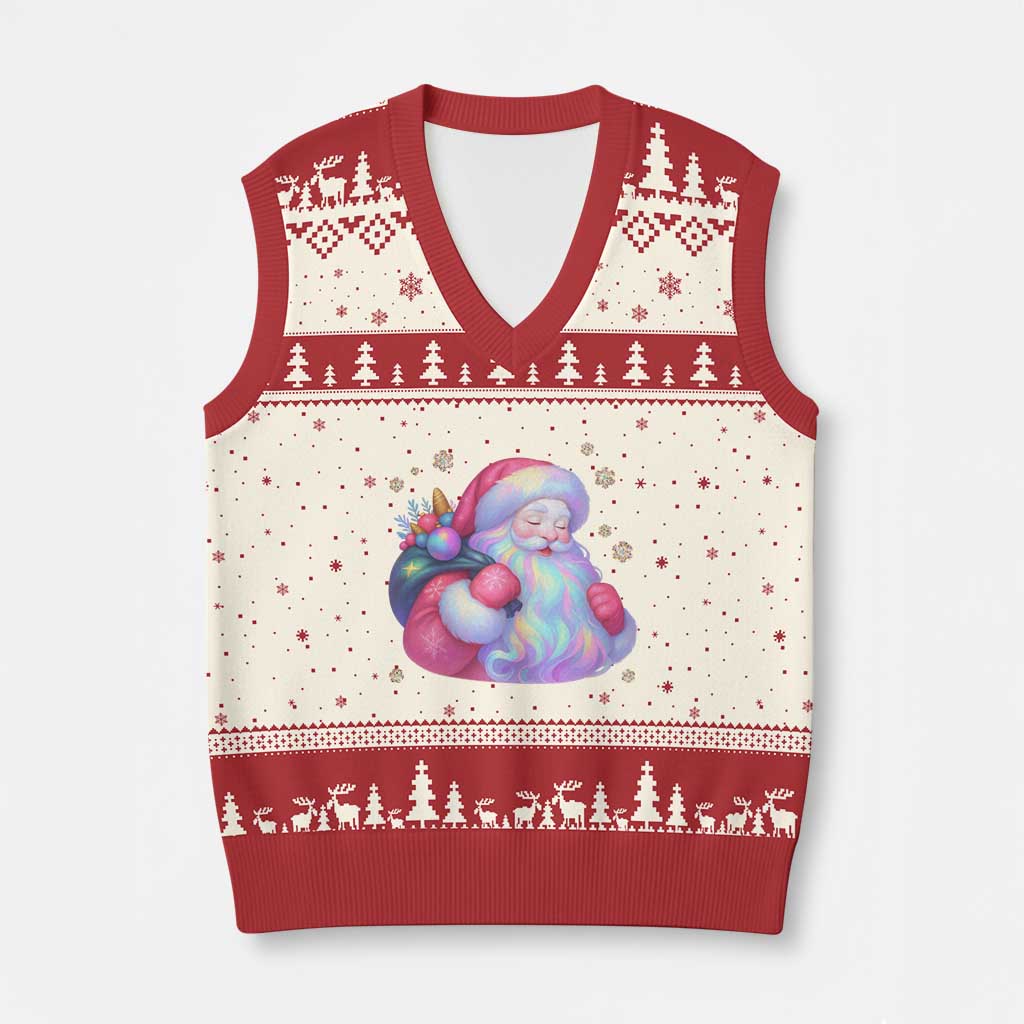 Iridescent Xmas Santa Printed Coquette Xmas V-Neck Knit Sweater Vest TS11 Beige Red Print Your Wear