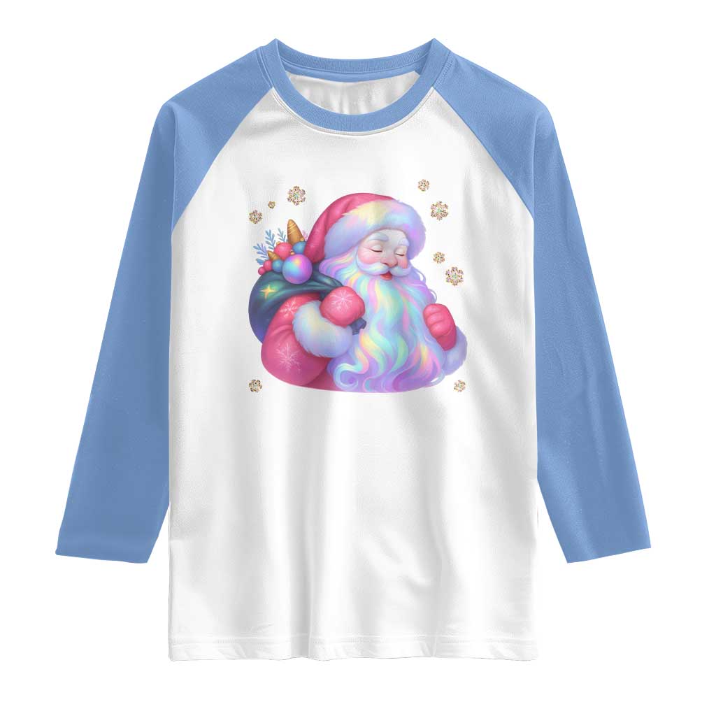 Iridescent Christmas Santa Printed Coquette Xmas Raglan Shirt TS11 White Carolina Blue Print Your Wear