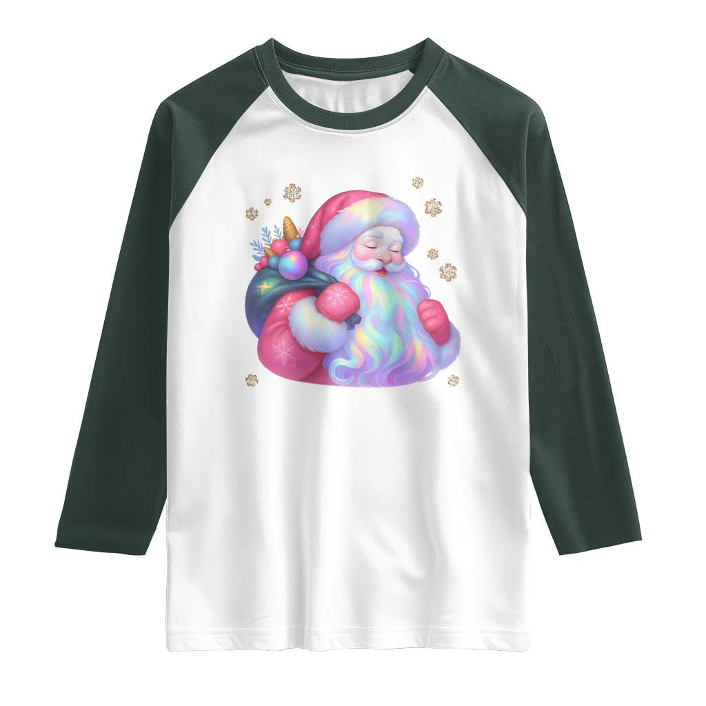 Iridescent Christmas Santa Printed Coquette Xmas Raglan Shirt TS11 White Dark Forest Green Print Your Wear