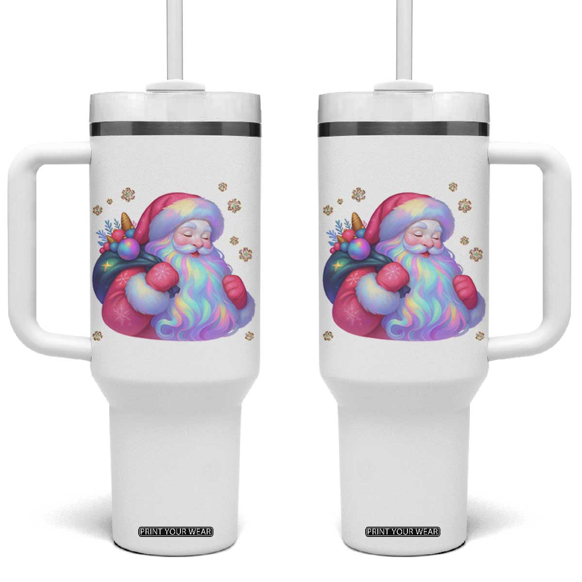 Iridescent Christmas Santa Printed Coquette Xmas Tumbler With Handle TS11 One Size: 40 oz White Print Your Wear