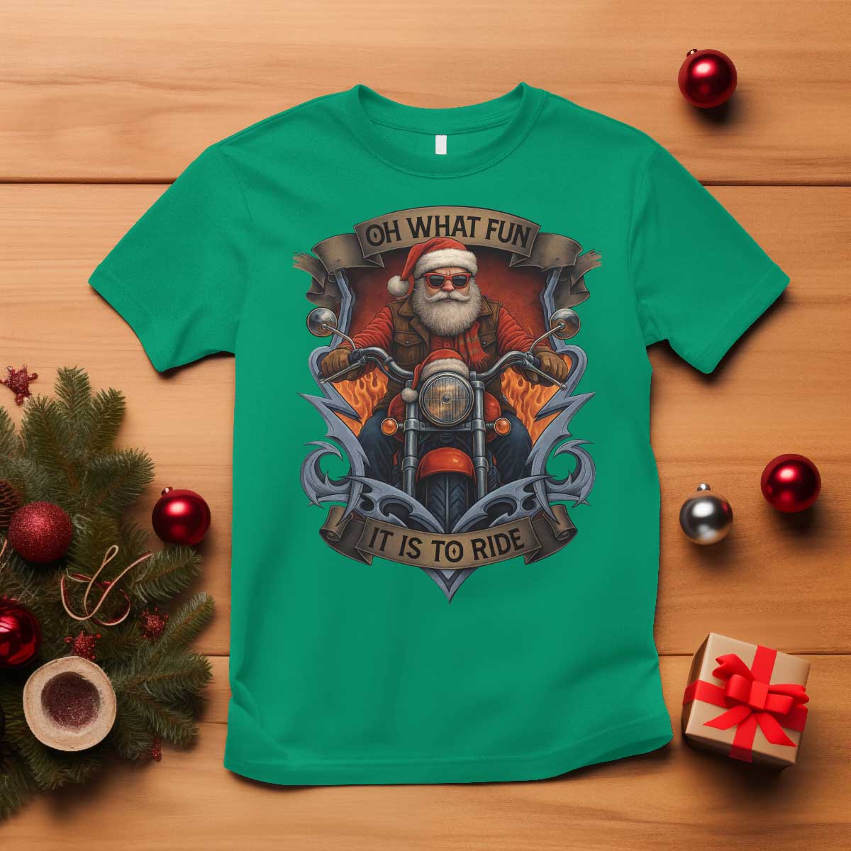 Funny Christmas Motorcycle Santa T Shirt Oh What Fun It Is To Ride Xmas Biker TS11 Irish Green Print Your Wear