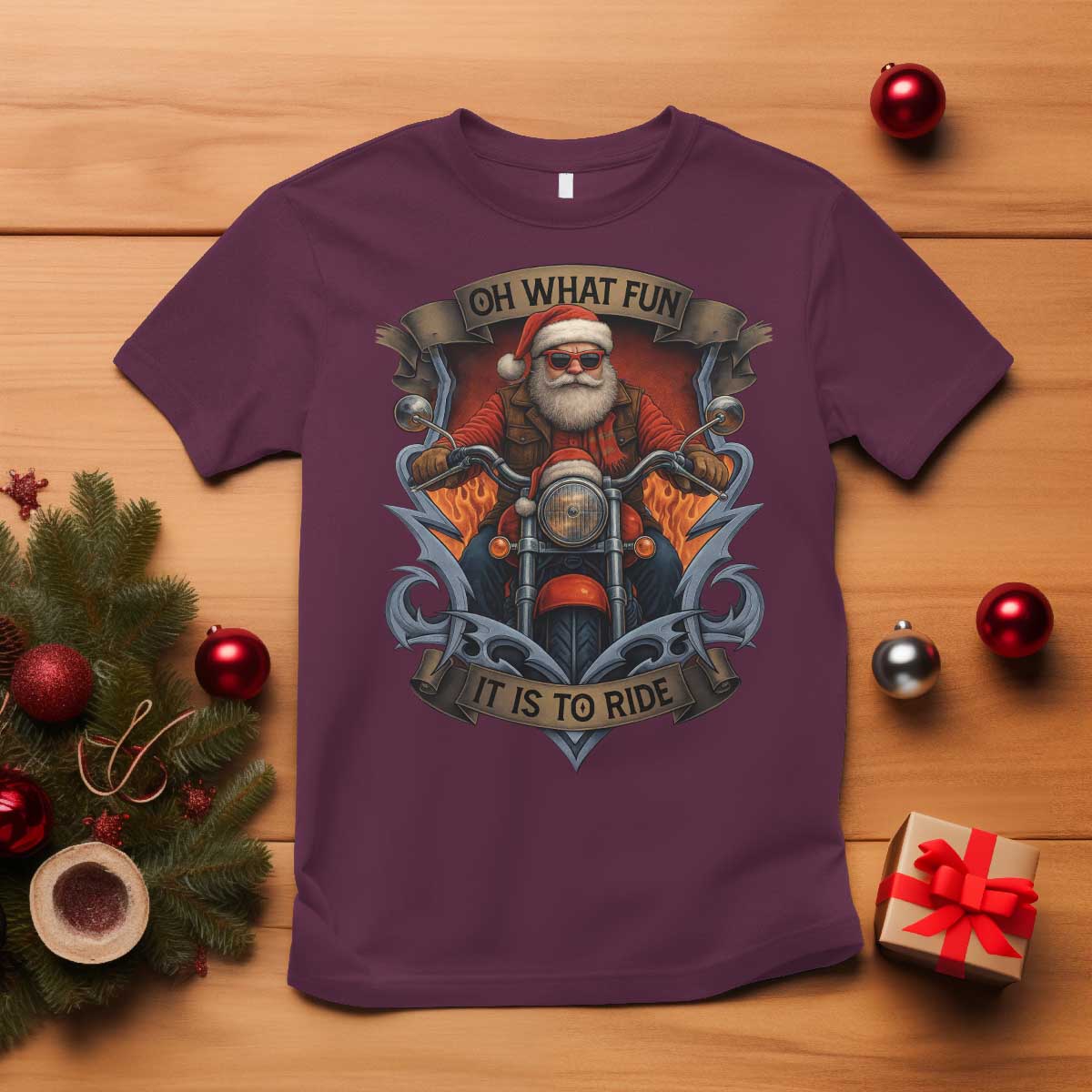Funny Christmas Motorcycle Santa T Shirt Oh What Fun It Is To Ride Xmas Biker TS11 Maroon Print Your Wear