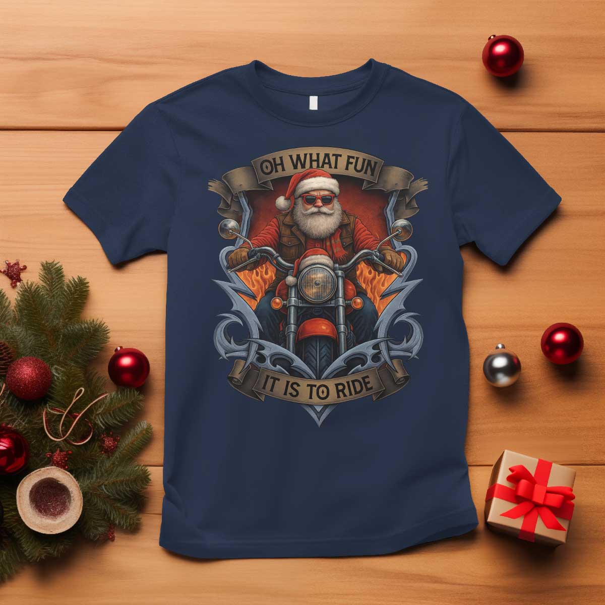 Funny Christmas Motorcycle Santa T Shirt Oh What Fun It Is To Ride Xmas Biker TS11 Navy Print Your Wear