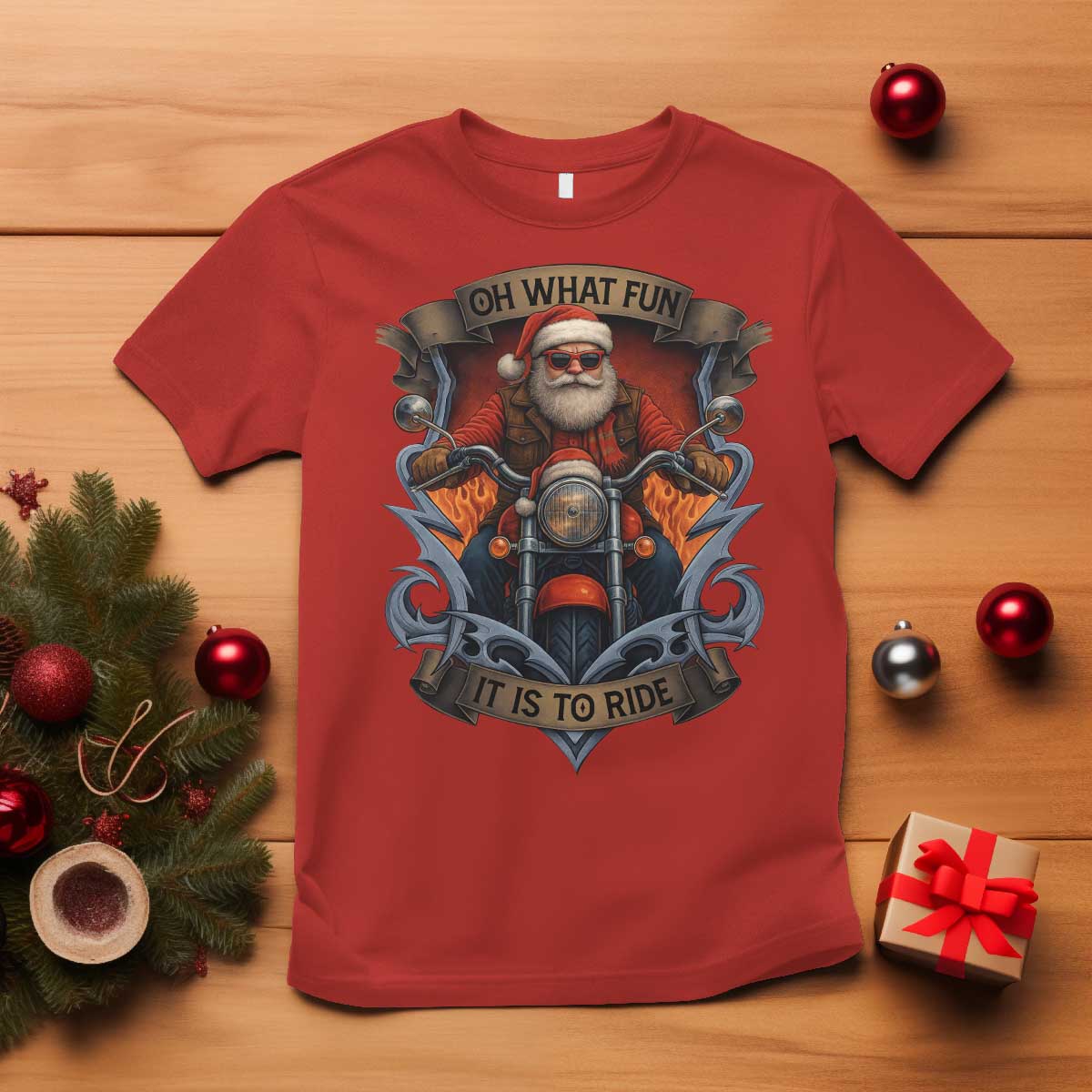 Funny Christmas Motorcycle Santa T Shirt Oh What Fun It Is To Ride Xmas Biker TS11 Red Print Your Wear