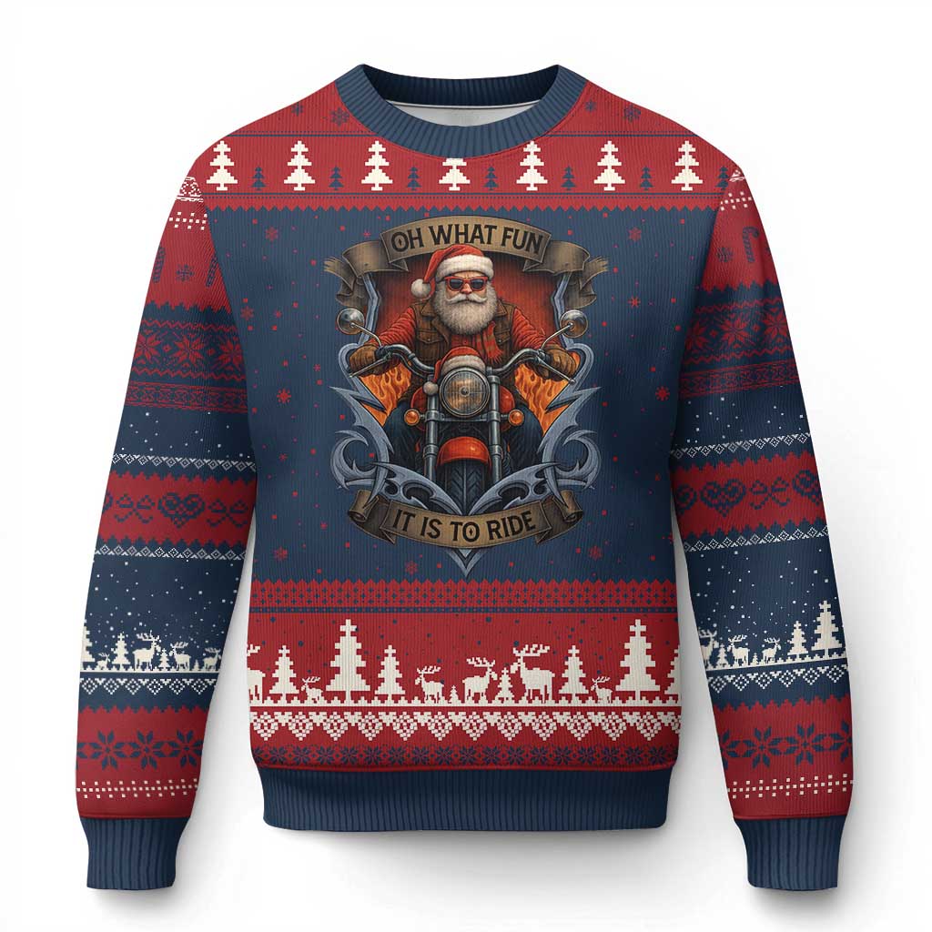 Funny Xmas Motorcycle Santa Ugly Christmas Sweater Oh What Fun It Is To Ride Xmas Biker TS11 Navy Red Print Your Wear