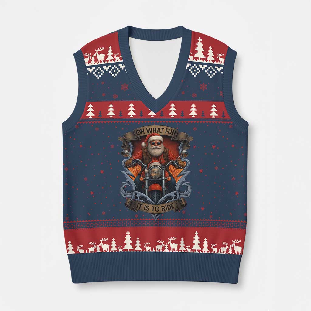 Funny Xmas Motorcycle Santa V-Neck Knit Sweater Vest Oh What Fun It Is To Ride Xmas Biker TS11 Navy Red Print Your Wear