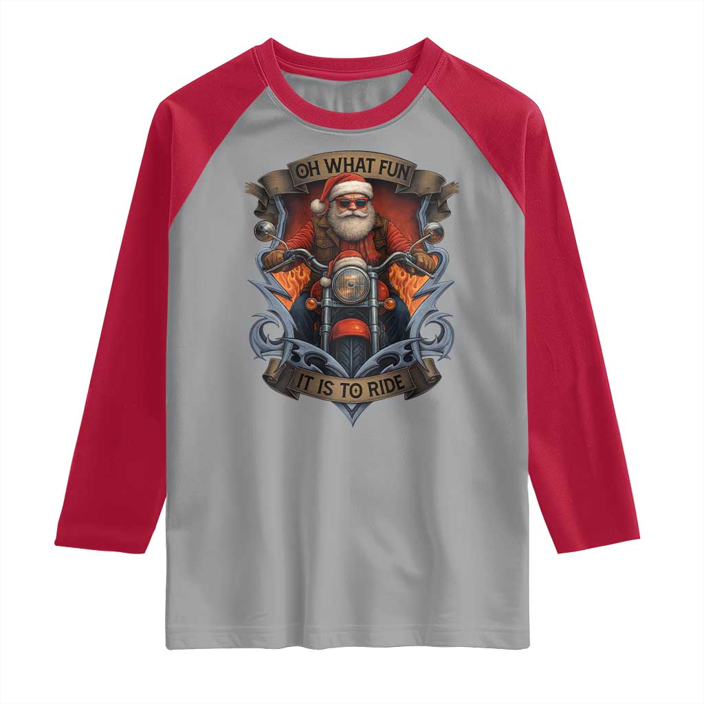 Funny Christmas Motorcycle Santa Raglan Shirt Oh What Fun It Is To Ride Xmas Biker TS11 Sport Gray Red Print Your Wear