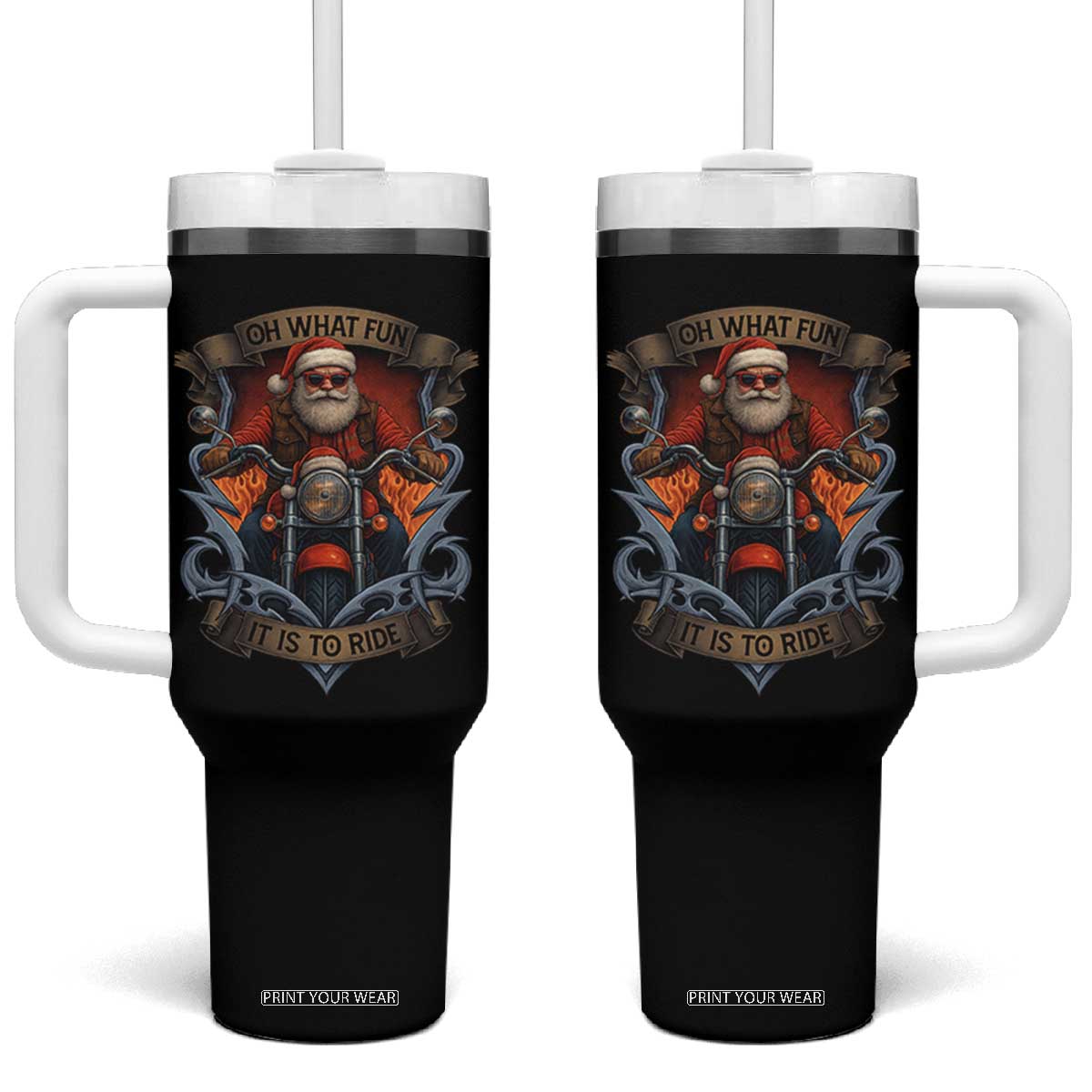 Funny Christmas Motorcycle Santa Tumbler With Handle Oh What Fun It Is To Ride Xmas Biker TS11 One Size: 40 oz Black Print Your Wear