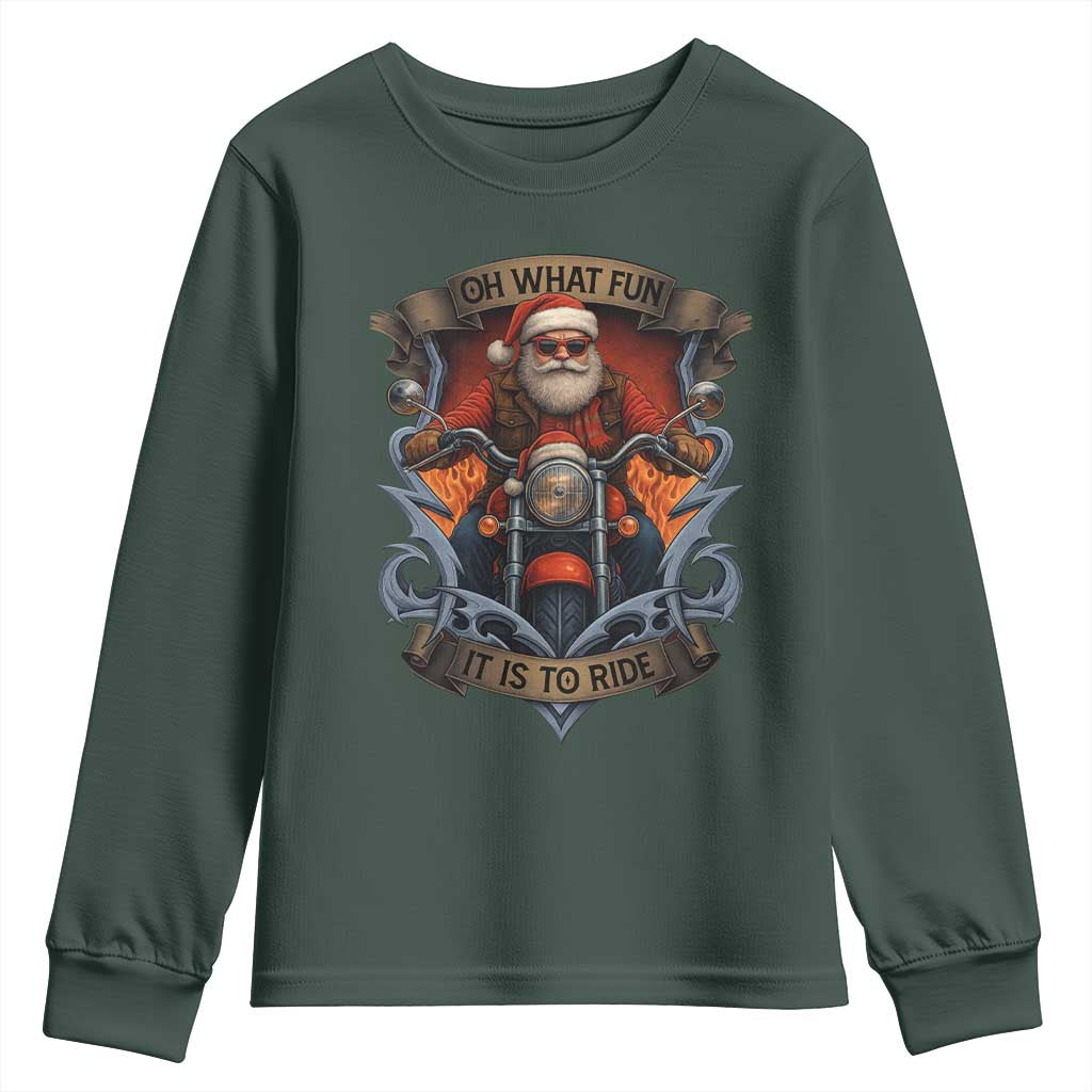Funny Christmas Motorcycle Santa Youth Sweatshirt Oh What Fun It Is To Ride Xmas Biker TS11 Dark Forest Green Print Your Wear
