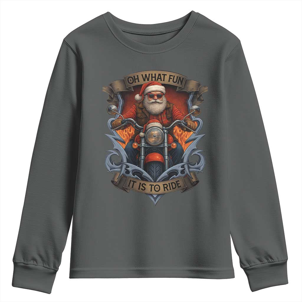Funny Christmas Motorcycle Santa Youth Sweatshirt Oh What Fun It Is To Ride Xmas Biker TS11 Dark Heather Print Your Wear