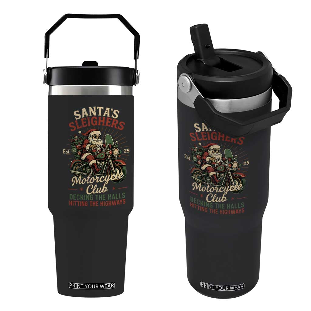 Funny Christmas Motorcycle Biker Flip Straw Tumbler Santas Sleighers Motorcycle Club Decking The Halls TS11 One Size: 30 oz Black Print Your Wear