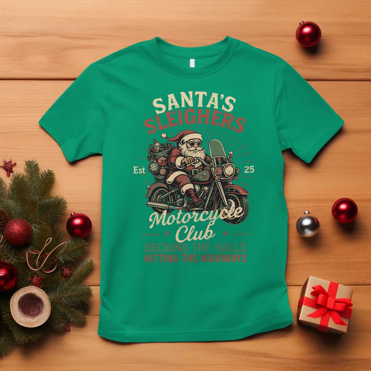Funny Christmas Motorcycle Biker T Shirt Santas Sleighers Motorcycle Club Decking The Halls TS11 Irish Green Print Your Wear