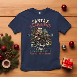 Funny Christmas Motorcycle Biker T Shirt Santas Sleighers Motorcycle Club Decking The Halls TS11 Navy Print Your Wear