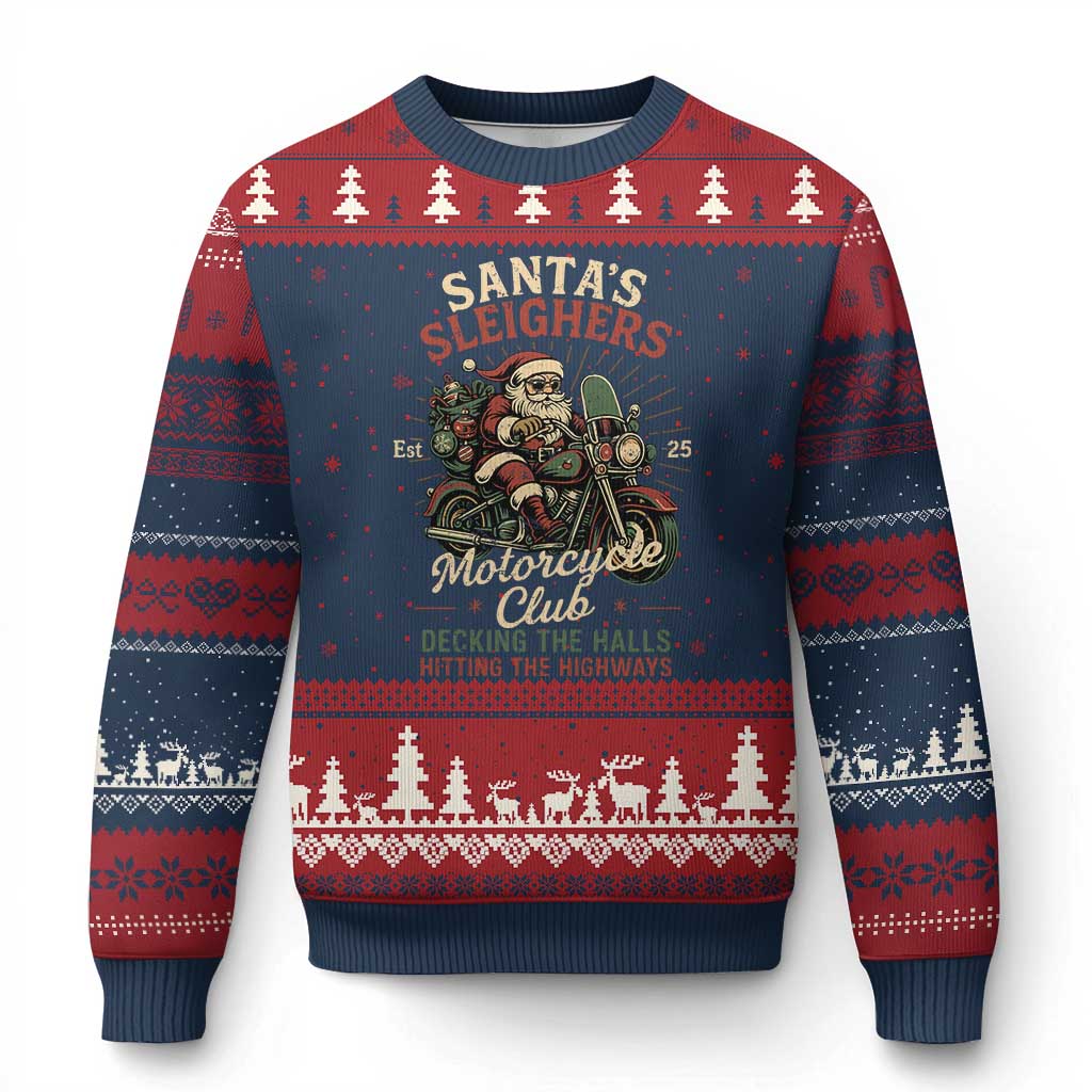 Funny Xmas Motorcycle Biker Ugly Christmas Sweater Santas Sleighers Motorcycle Club Decking The Halls TS11 Navy Red Print Your Wear