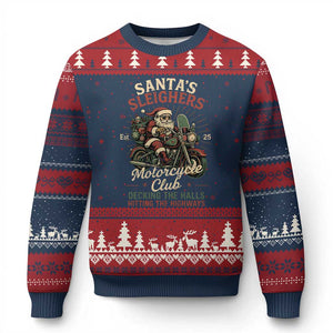 Funny Xmas Motorcycle Biker Ugly Christmas Sweater Santas Sleighers Motorcycle Club Decking The Halls TS11 Navy Red Print Your Wear