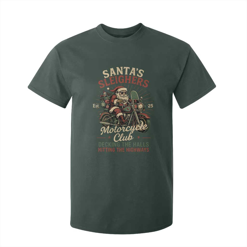 Funny Christmas Motorcycle Biker T Shirt For Kid Santas Sleighers Motorcycle Club Decking The Halls TS11 Dark Forest Green Print Your Wear