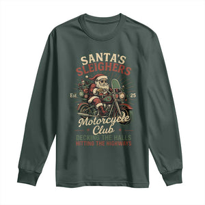 Funny Christmas Motorcycle Biker Long Sleeve Shirt Santas Sleighers Motorcycle Club Decking The Halls TS11 Dark Forest Green Print Your Wear