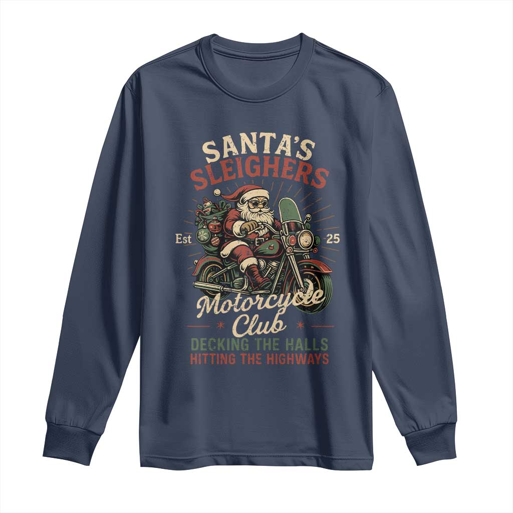 Funny Christmas Motorcycle Biker Long Sleeve Shirt Santas Sleighers Motorcycle Club Decking The Halls TS11 Navy Print Your Wear