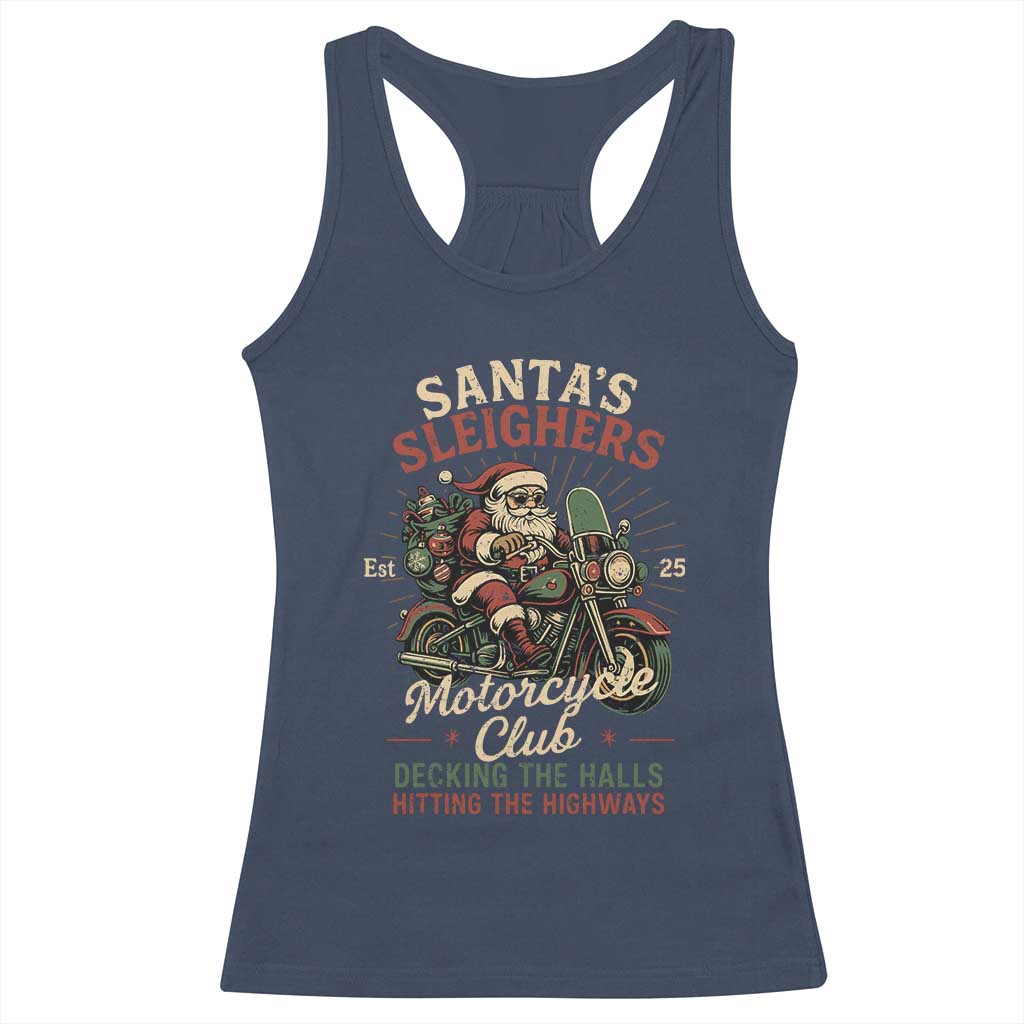 Funny Christmas Motorcycle Biker Racerback Tank Top Santas Sleighers Motorcycle Club Decking The Halls TS11 Navy Print Your Wear