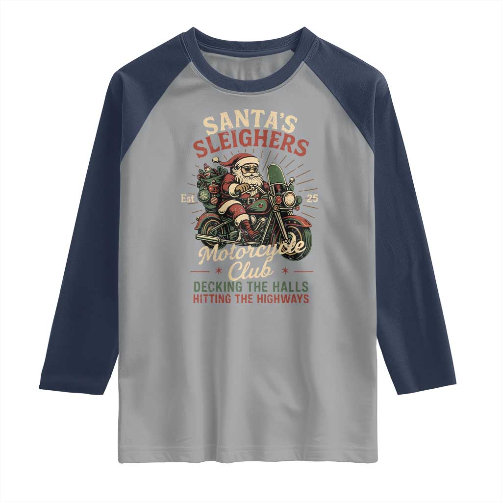 Funny Christmas Motorcycle Biker Raglan Shirt Santas Sleighers Motorcycle Club Decking The Halls TS11 Sport Gray Navy Print Your Wear