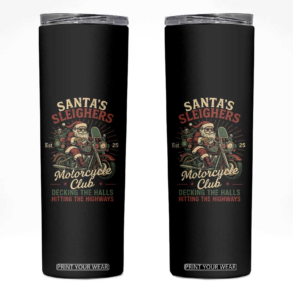 Funny Christmas Motorcycle Biker Skinny Tumbler Santas Sleighers Motorcycle Club Decking The Halls TS11 Black Print Your Wear