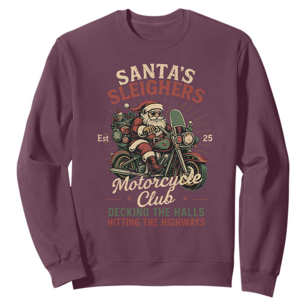 Funny Christmas Motorcycle Biker Sweatshirt Santas Sleighers Motorcycle Club Decking The Halls TS11 Maroon Print Your Wear