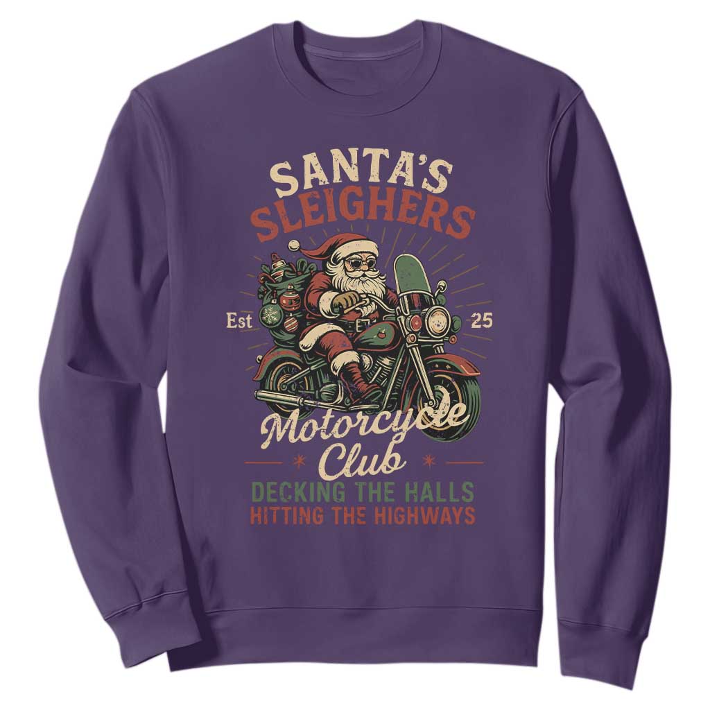 Funny Christmas Motorcycle Biker Sweatshirt Santas Sleighers Motorcycle Club Decking The Halls TS11 Purple Print Your Wear