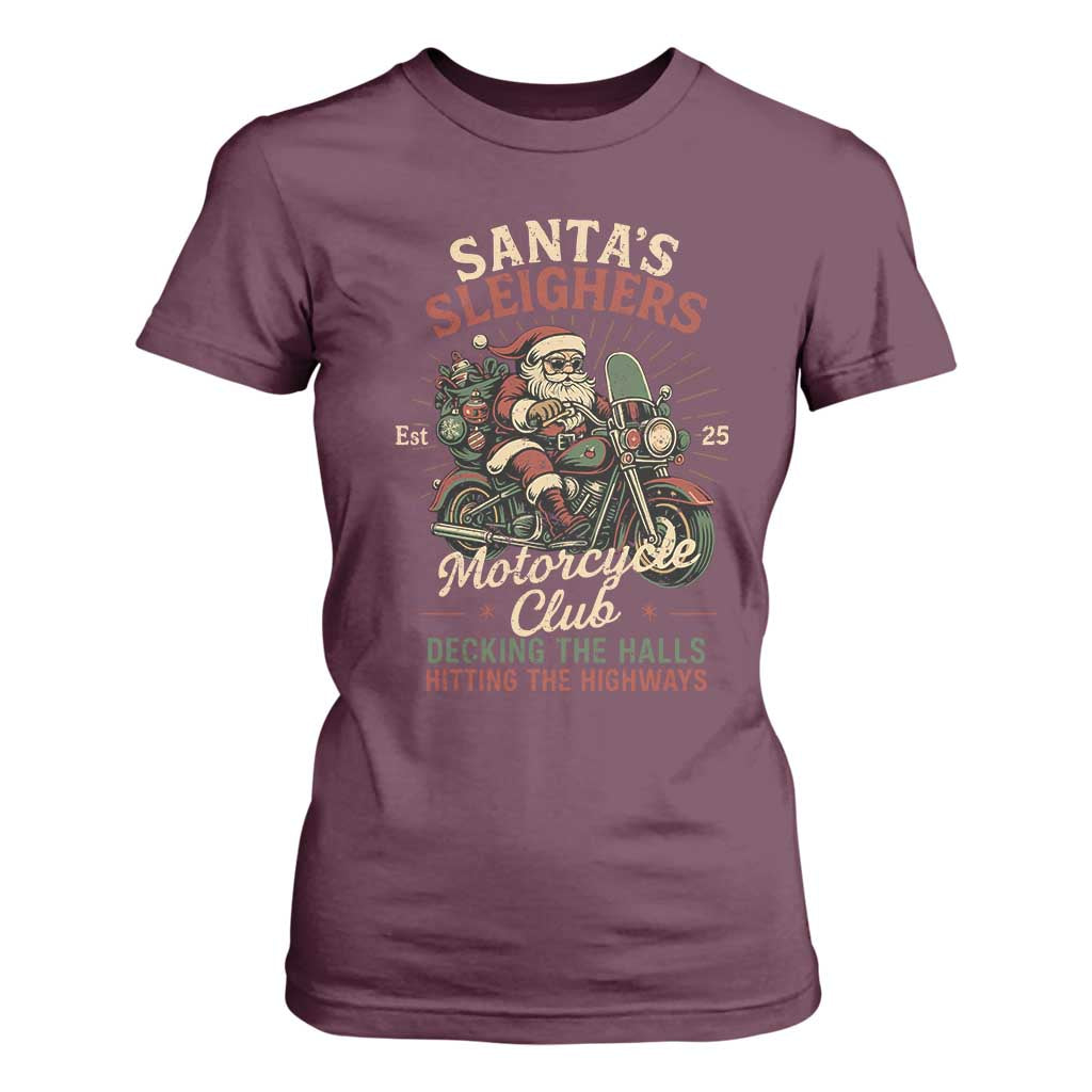 Funny Christmas Motorcycle Biker T Shirt For Women Santas Sleighers Motorcycle Club Decking The Halls TS11 Maroon Print Your Wear