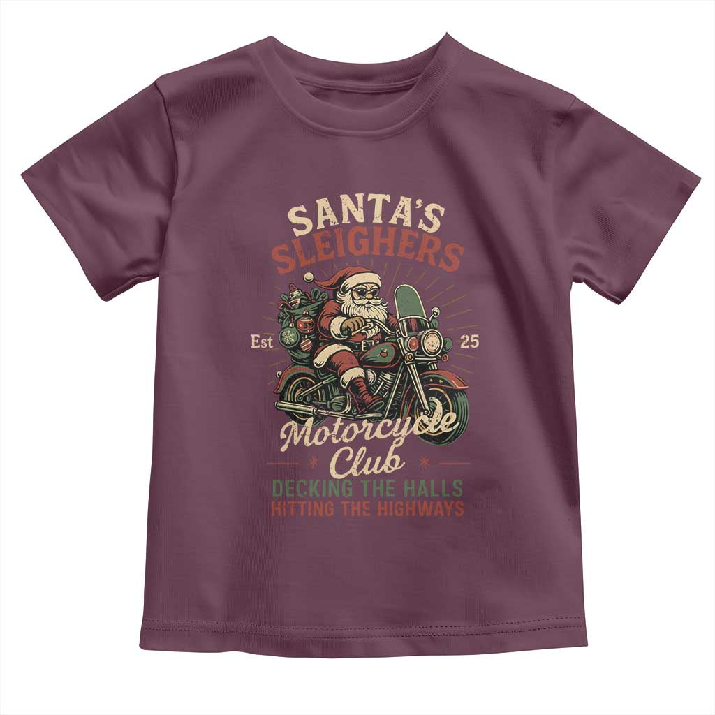 Funny Christmas Motorcycle Biker Toddler T Shirt Santas Sleighers Motorcycle Club Decking The Halls TS11 Maroon Print Your Wear