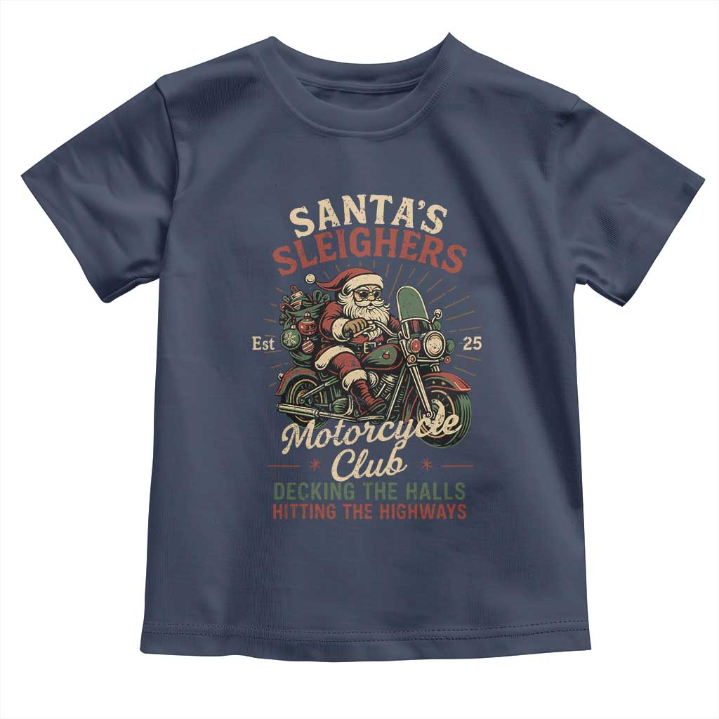 Funny Christmas Motorcycle Biker Toddler T Shirt Santas Sleighers Motorcycle Club Decking The Halls TS11 Navy Print Your Wear