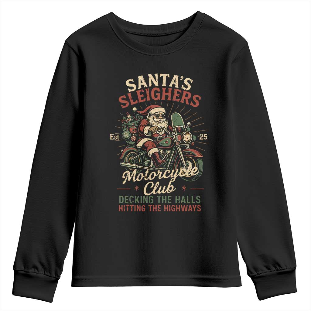 Funny Christmas Motorcycle Biker Youth Sweatshirt Santas Sleighers Motorcycle Club Decking The Halls TS11 Black Print Your Wear