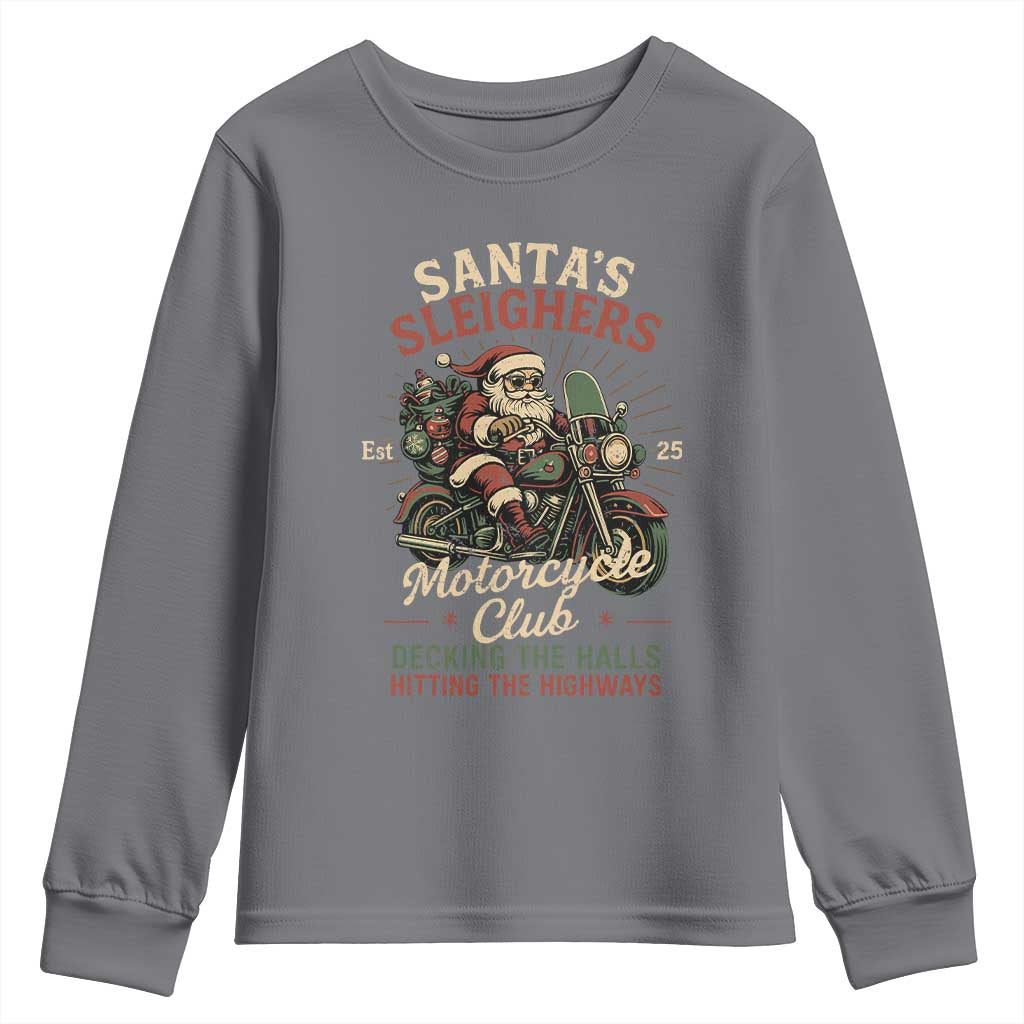 Funny Christmas Motorcycle Biker Youth Sweatshirt Santas Sleighers Motorcycle Club Decking The Halls TS11 Charcoal Print Your Wear