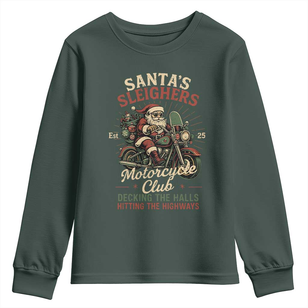 Funny Christmas Motorcycle Biker Youth Sweatshirt Santas Sleighers Motorcycle Club Decking The Halls TS11 Dark Forest Green Print Your Wear