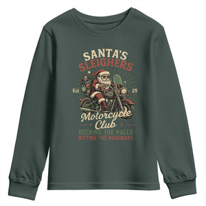 Funny Christmas Motorcycle Biker Youth Sweatshirt Santas Sleighers Motorcycle Club Decking The Halls TS11 Dark Forest Green Print Your Wear
