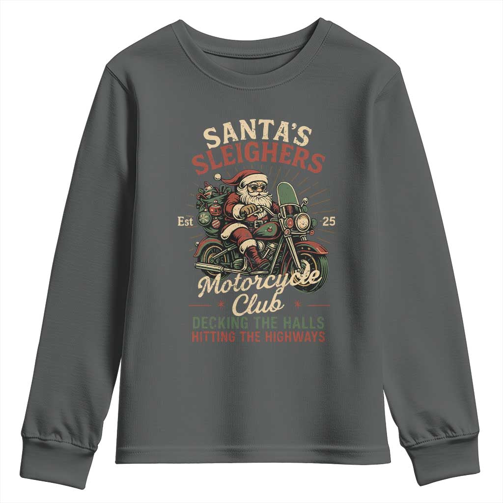 Funny Christmas Motorcycle Biker Youth Sweatshirt Santas Sleighers Motorcycle Club Decking The Halls TS11 Dark Heather Print Your Wear